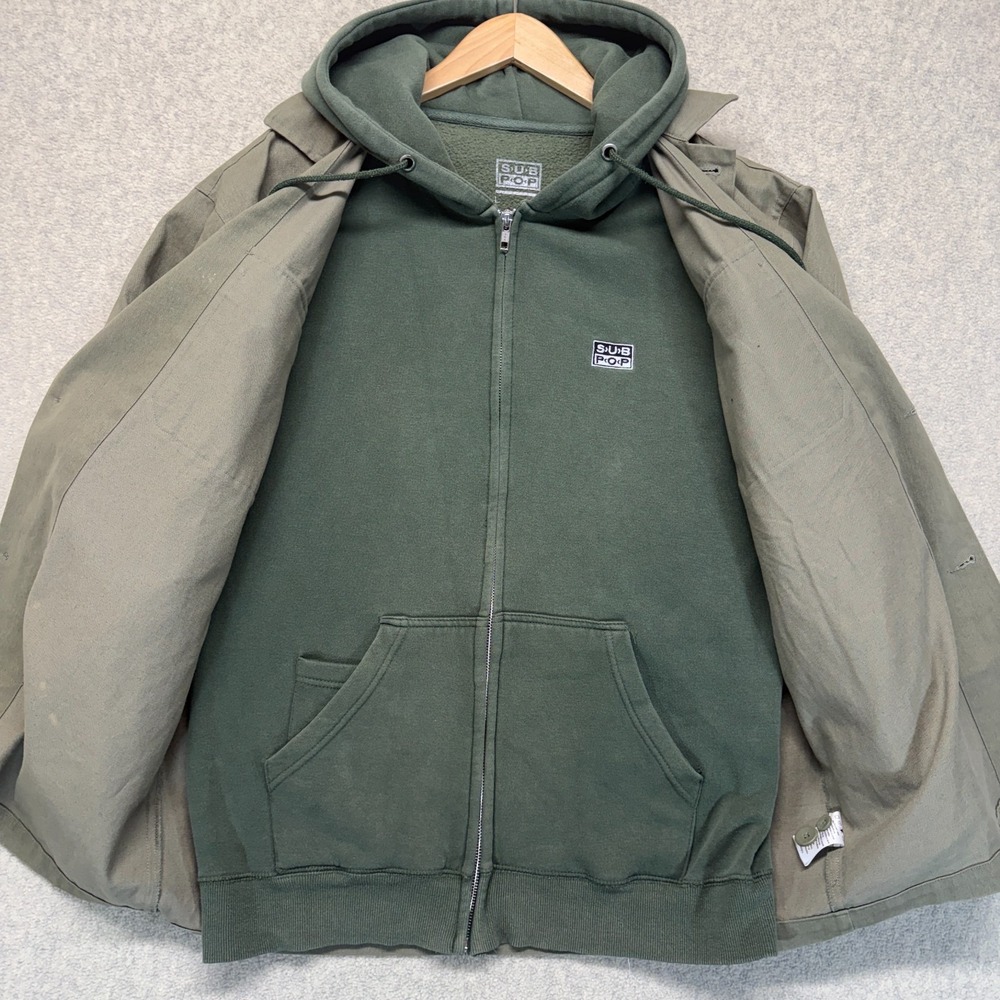 Vintage Sub Pop Records Mens Chore Jacket Olive Green Utility Workwear Size L - Picture 3 of 16